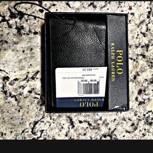 NEW IN BOX POLO RALPH LAUREN BLACK LEATHER BIFOLD WALLET.